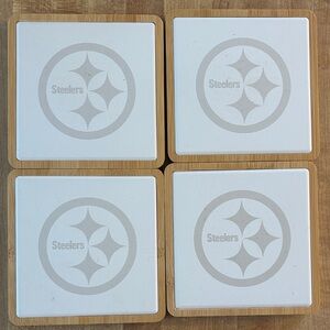 Pittsburgh Steelers Ceramic Coasters with Bamboo Holder - White and Brown